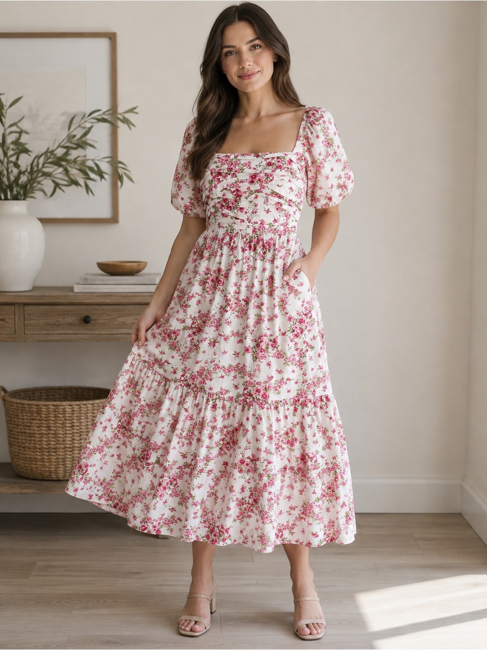 Jessica Simpson Pink Garden Floral Midi Maxi Dress Puff Sleeve Cottagecore S